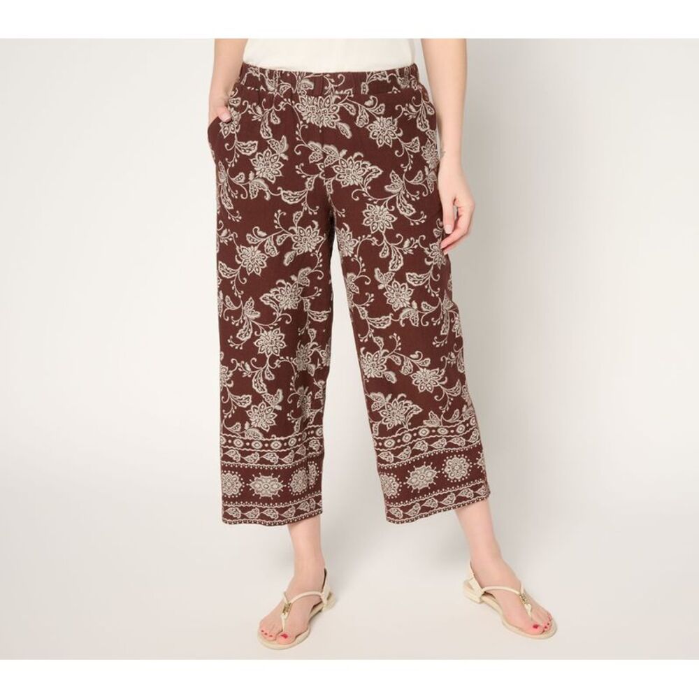 Splendid Women's Petite Pants P2XS PURE Printed Linen Wide Leg Crop Brown